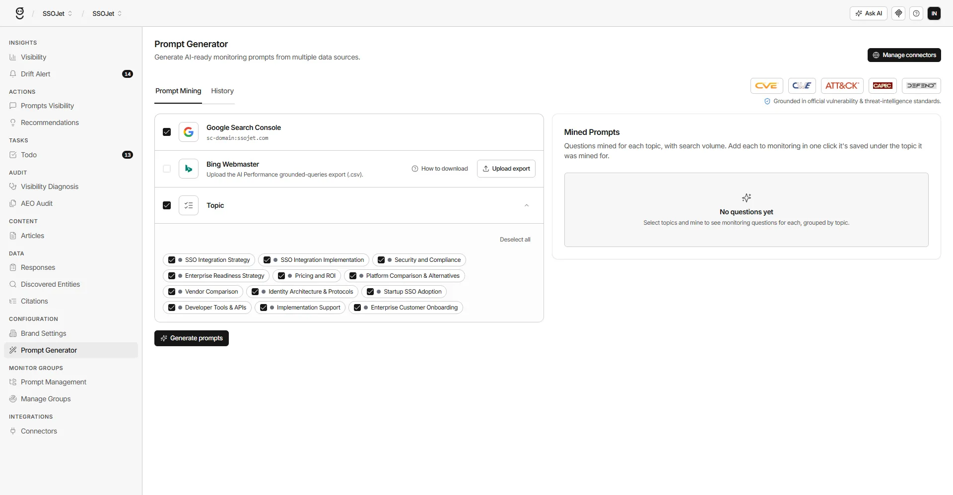 GrackerAI prompt mining grounded in official vulnerability and threat-intelligence standards, showing the CVE, CWE, ATT&CK, CAPEC and D3FEND frameworks